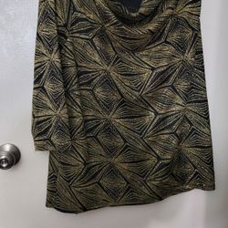 2X New Jet Black Gold Metalic Cowl Neck Print Top Tunic Blouse Glitter