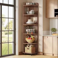 New assembled 6-Tier Tall Corner Shelf, 71-Inch Rustic Narrow Corner Bookshelf Bookcase with Square Rack, Freestanding Corner Display Storage Shelf Or