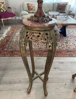 Antique Early 20th Century Rosewood Oriental Plant Stand Table, Marble Top, Hand Carved