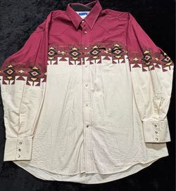 Men 2XL Vintage Wrangler Western Pearl Snap LS Shirt Aztec Print Maroon Cream