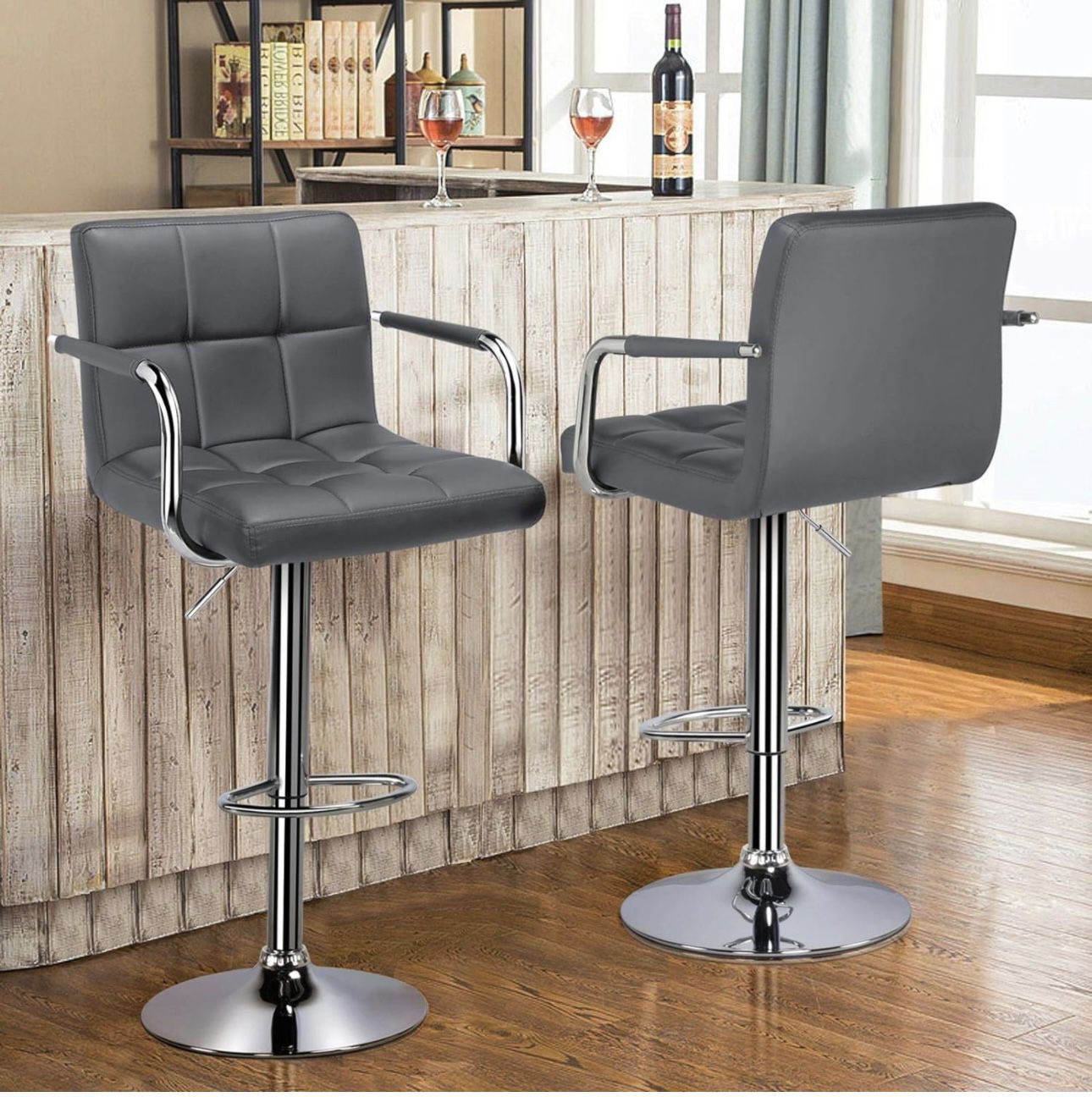 Counter Height Bar Stools Set of 2 PU Leather Swivel BarStools for Kitchen Stool Height Adjustable Counter Stool Barstools Dining Chair with Armrest, 