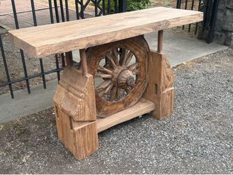 50 inch reclaimed, architectural salvage wagon wheel console entryway table