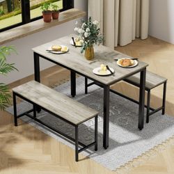 Dining Table Set for 4, Rectangular Kitchen Table Set w/ 2 Benches for Small Space,Gray