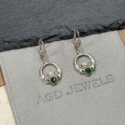 Sterling Silver 925 Emerald Irish Celtic CLADDAGH Drop Dangle Earrings