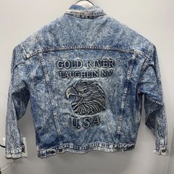 VTG Golden River Eagle USA Embossed Blue Acid Washed Denim Jean Jacket sz 25x26”