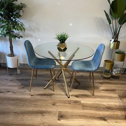 Blue Gold Modern Velvet Glass Dining Set For 2