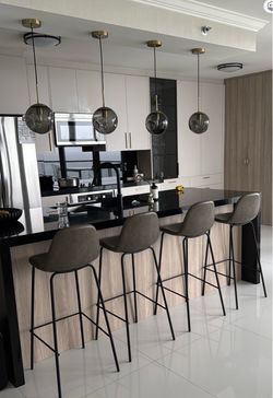Set of 4 Modern Brass & Smoked Glass Globe Pendant Lights – Brand New