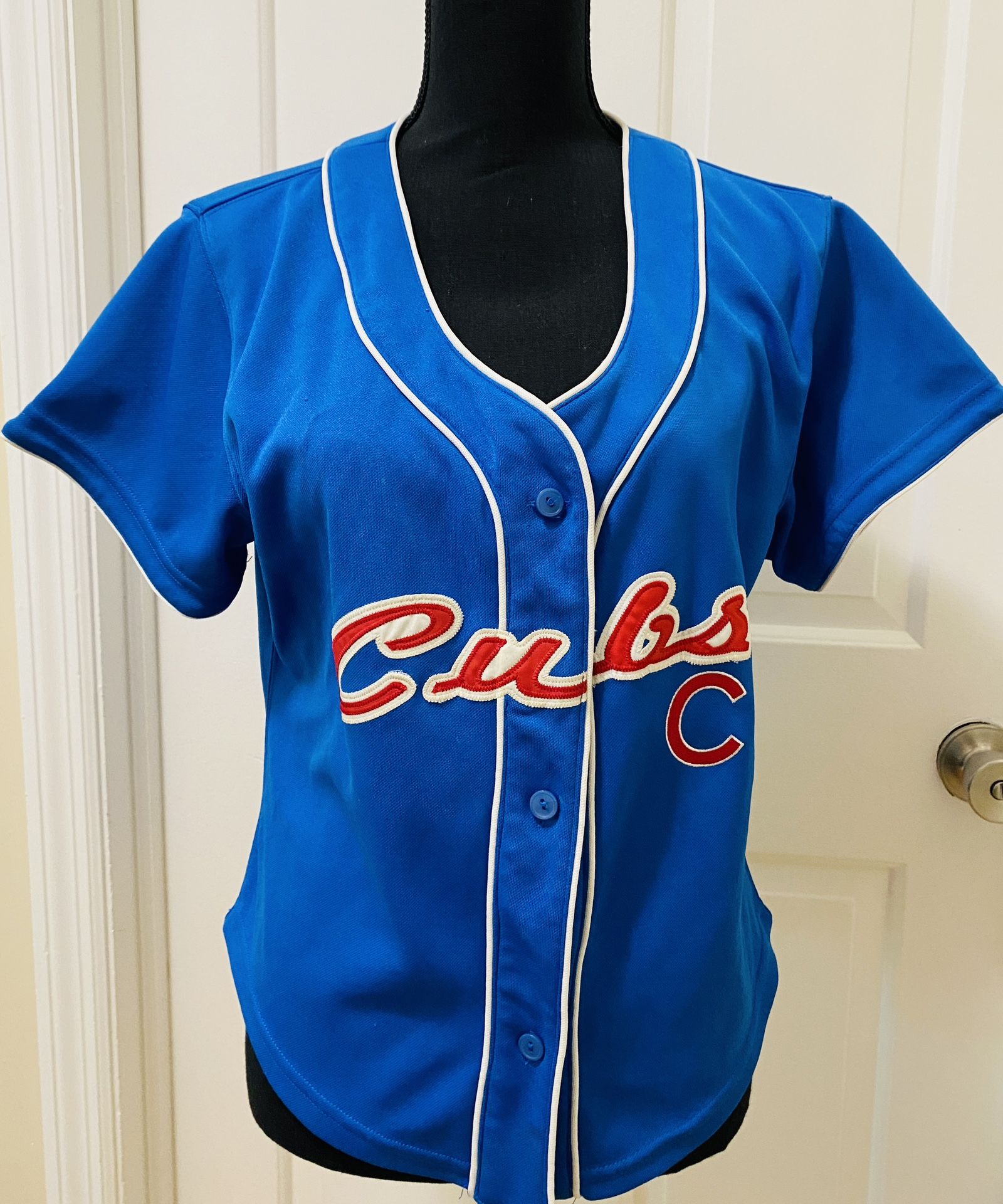 CUBS Baseball Jersey LADY SLUGGER GENUINE MERCHANDISE Raised Logo Blue Sz L EUC
