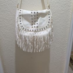 KOGUO White Fringe Shoulder Bag Purse Studded Western Boho Crossbody Women Hand Bag 