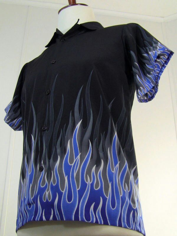 black bowling shirt with flames
