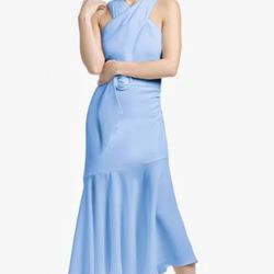 $495 SACHIN & BABI Naomi Halter Asymmetric Midi Dress | Blue | Size 10