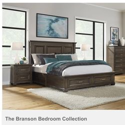 Costco Branson Storage King Bed & 2 Nightstands & Novaform Mattress - Dark Brown - USB Ports - Outlets 