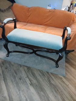 Georgian Revival Style Bench With Light Blue Upholstery