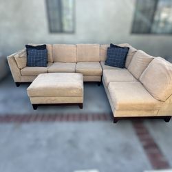 Beige 2 Piece Sectional Couch W/ Ottoman 