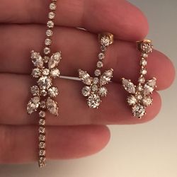 Vintage Gold Plated Cubic Zirconium Flower Tennis Bracelet And Matching Dangle Earrings Set