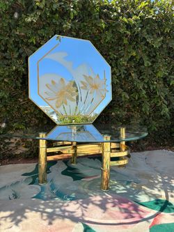Vintage postmodern 1980s windsor octagon wall mirror Golden Lilies