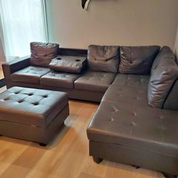 Brand New Brown L Shape Leather Sectional Sofa - Ottoman 