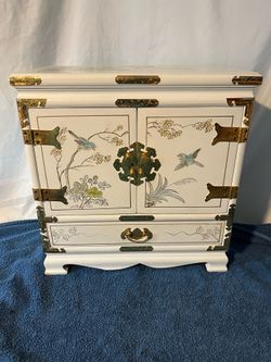 Vintage Asian Jewelry Armoire / Jewelry Box Cabinet – Hand Painted Birds & Brass Hardware