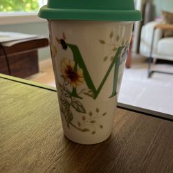 Lenox Butterfly Meadow Travel Coffee Mug Cup Tumbler With Silicone Lid Letter “M”