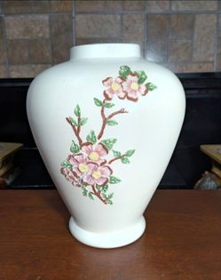 11" x 8.5" White ceramic vase decorated with raised, textured glitter pink dogwood-style flowers