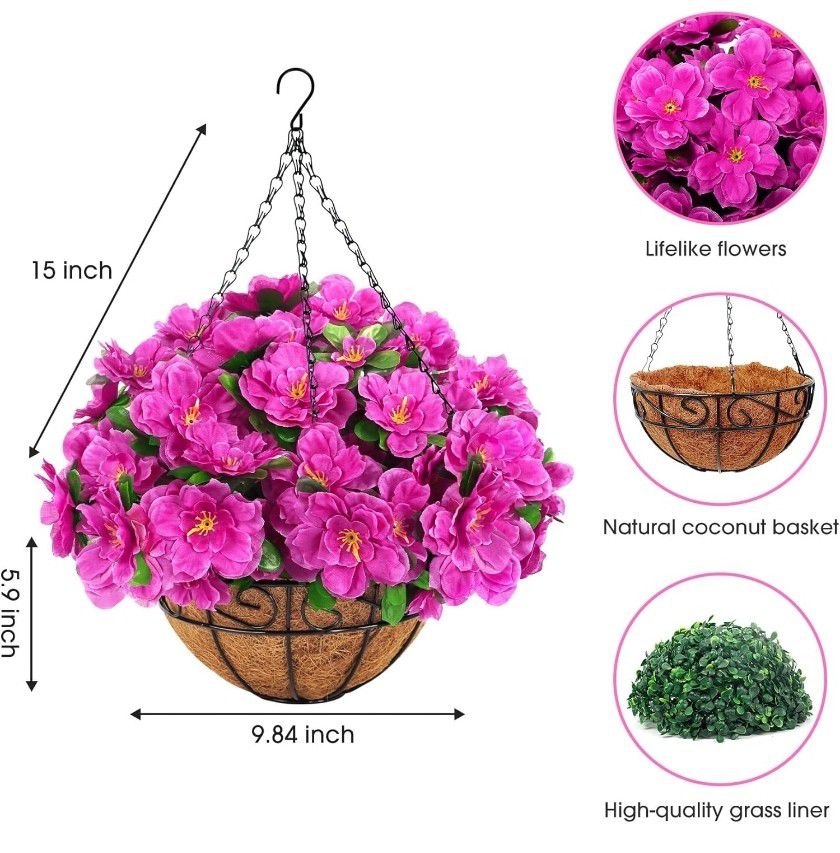 Artificial Hanging Flowers with Basket, Silk Azalea Flowers in Coconut Lining Hanging Baskets, Fake Hanging Plants Artificial Decor for Outdoor Indoor