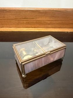 Vintage Pink Glass Brass Musical Jewelry Box