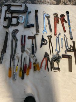 Mixed Hand Tool Lot – 30+ Pieces miter saw and table, air compressor and sawhorses