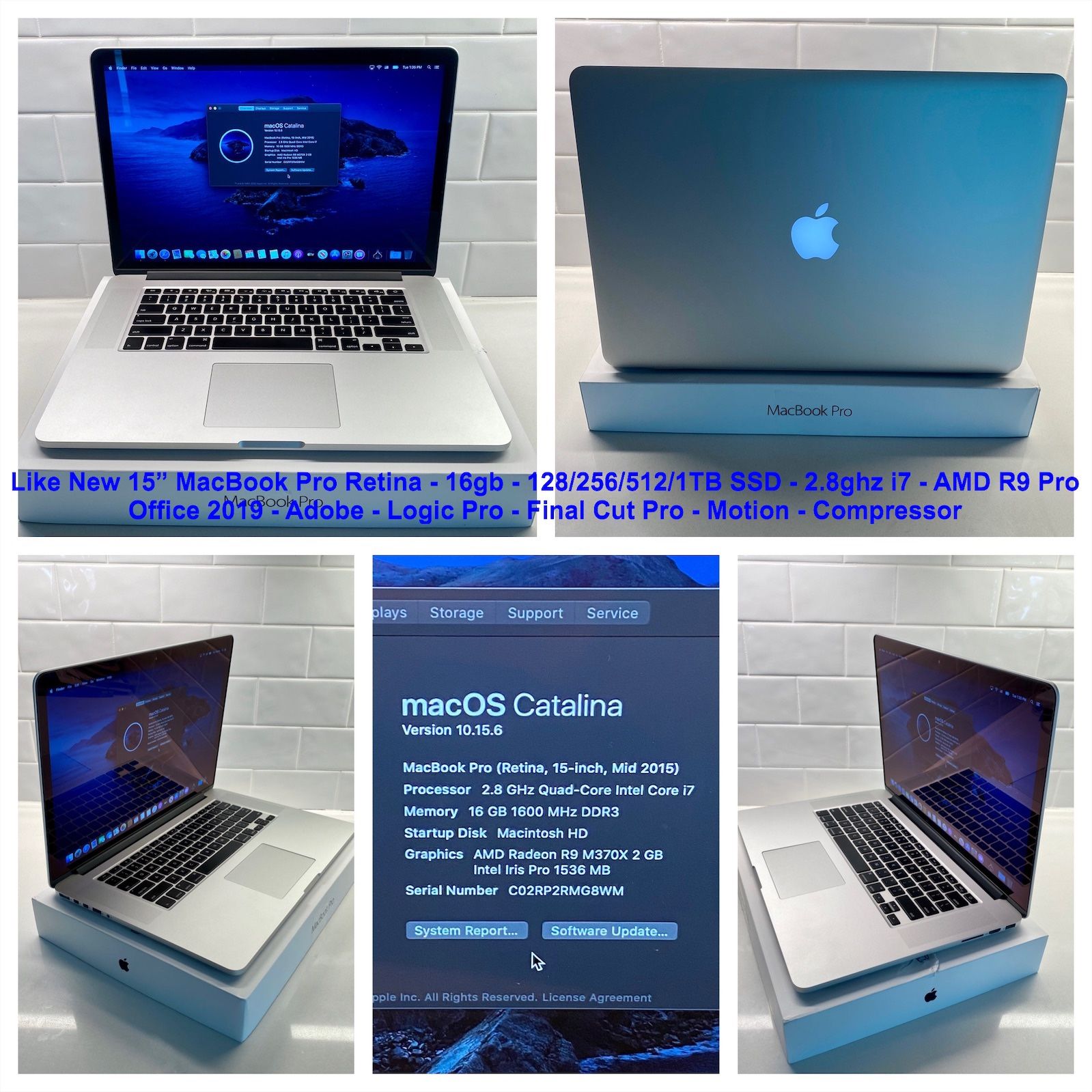 Excellent Customizable 2015 15" MacBook Pro 16gb, Adobe, Office 2019, Logic, Final Cut!