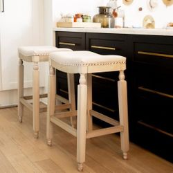 Set of 2 Bar Stools Beige 28.5" Saddle Backless Premium Padded Indoor/Outdoor Nailhead Cushion Kitchen Counter Chairs Pub Seat Foot Rest