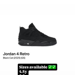 Air Jordan 4 Black Cat GS Sizes 4.5y, & 5.5y