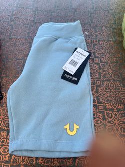 NWT True Religion Blue Boys Kids Medium 5/6 Sweat Shorts with Gold Horseshoe Jogger Retail $49