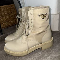 Prada Beige Lace Up Combat Boots Nude
