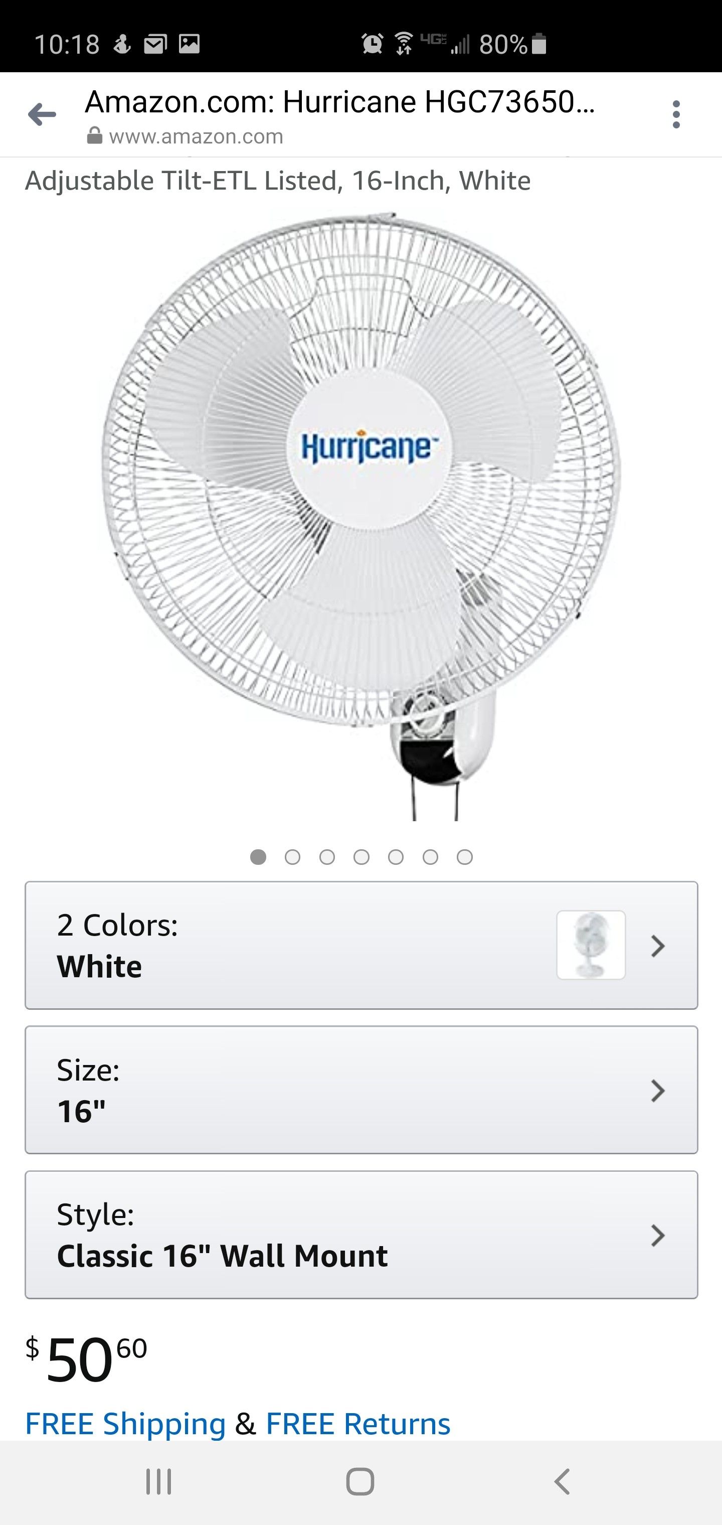 Hurricane HGC736503 Wall Mount Fan 16 Inch, Classic Series, 90 Degree Oscillation 3 Speed Settings, Adjustable Tilt-ETL Listed, 16-Inch, White