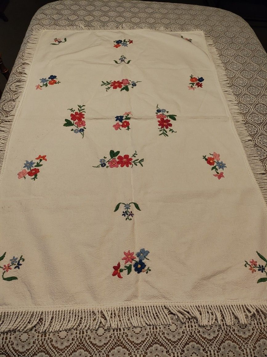 Vintage Hand Embroidered Runner. Last Pic Shows A Piece That Was Patched But Bot Noticable Unless You Really Look