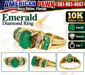 Emerald & Diamond Ring Size 7 10K Yellow Gold Ladies Fine Jewelry