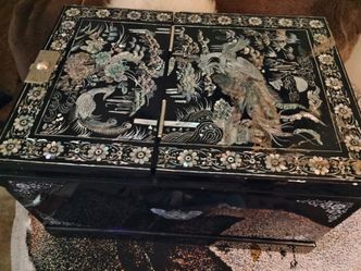 Mahogony and mother of pearl, jewelry/ trinket box with mirror