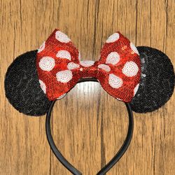 Disney Minnie Mouse Polka Red Bow Dot Sequin Ears Headband