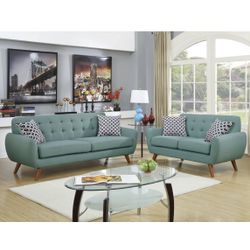 Beautiful Mid-century Green Sofa Loveseat Set Tufted Backrest Wood Peg Legs Pillows Included Retro Style Furniture Brand New In Box Firm Price $599