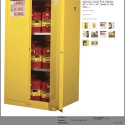 60 Gallon Manual Close Flammable Storage Cabinet, 18 Gauge Steel, 2 Shelves, 2 Door Fire Cabinet, 65" x 34" x 34", Made in The USA, Yellow,