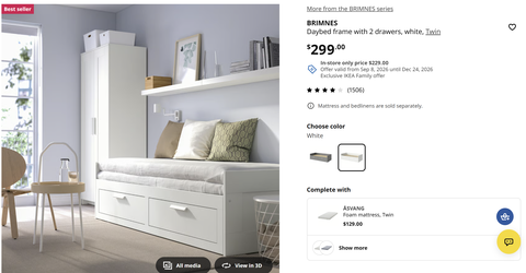 BRIMNES Daybed frame with 2 drawers, white, Twin (extends to a King)