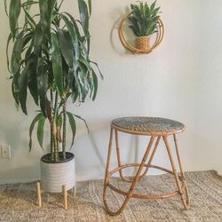 Vintage Wicker Rattan Plant Stand Side Table 