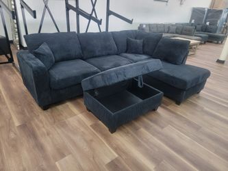 New 2pc Sectional Plus Storage Ottoman In Black Corduroy 