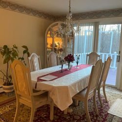 Beige Wooden Long Dining Table With 6 Dining Chairs