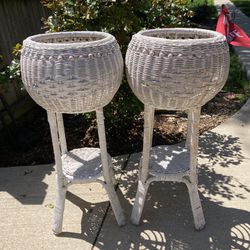 Set of Two, Vintage 1960’s Wicker Plant Stand, White Wicker Fern Stand, Cottage Farmhouse Decor-READ