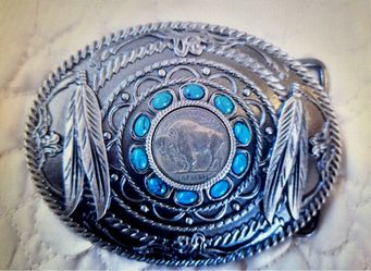 Western Belt Buckle with Buffalo Nickel and Turquoise