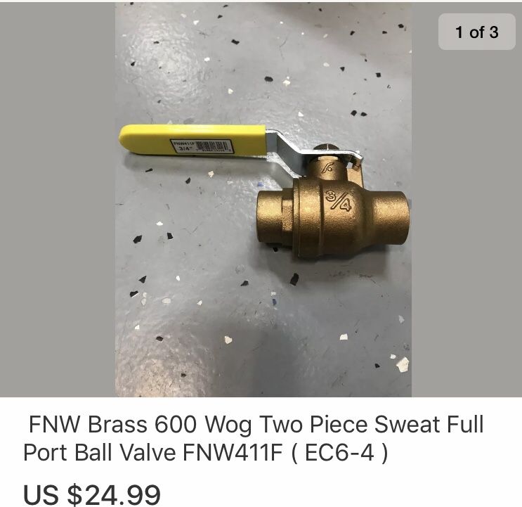 FNW sweat port ball valve 3/4 shut off valves 6 avail
