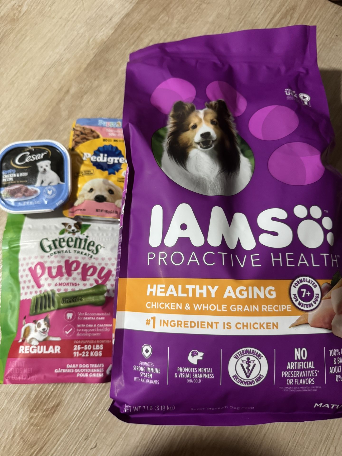 Dog Food Bundle For Sale Included: 1. IAMS 7lbs Chicken & Whole Grain Recipe 2. Cesar Chicken & Beef 3. Greenies 6ct Dental Treat 4. Pedigree All Bran