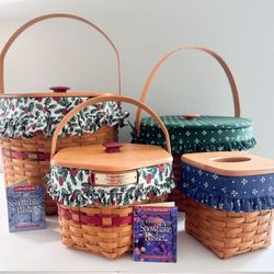 Vintage Longaberger Basket Lot of 3 + Protectors Fabric Liners Lids Collector Set Holiday 90s Holly