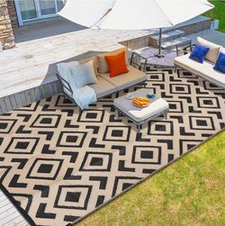 WIKIWIKI 9’ x 18’ Waterproof Reversible Outdoor Rug – Black & Brown – New