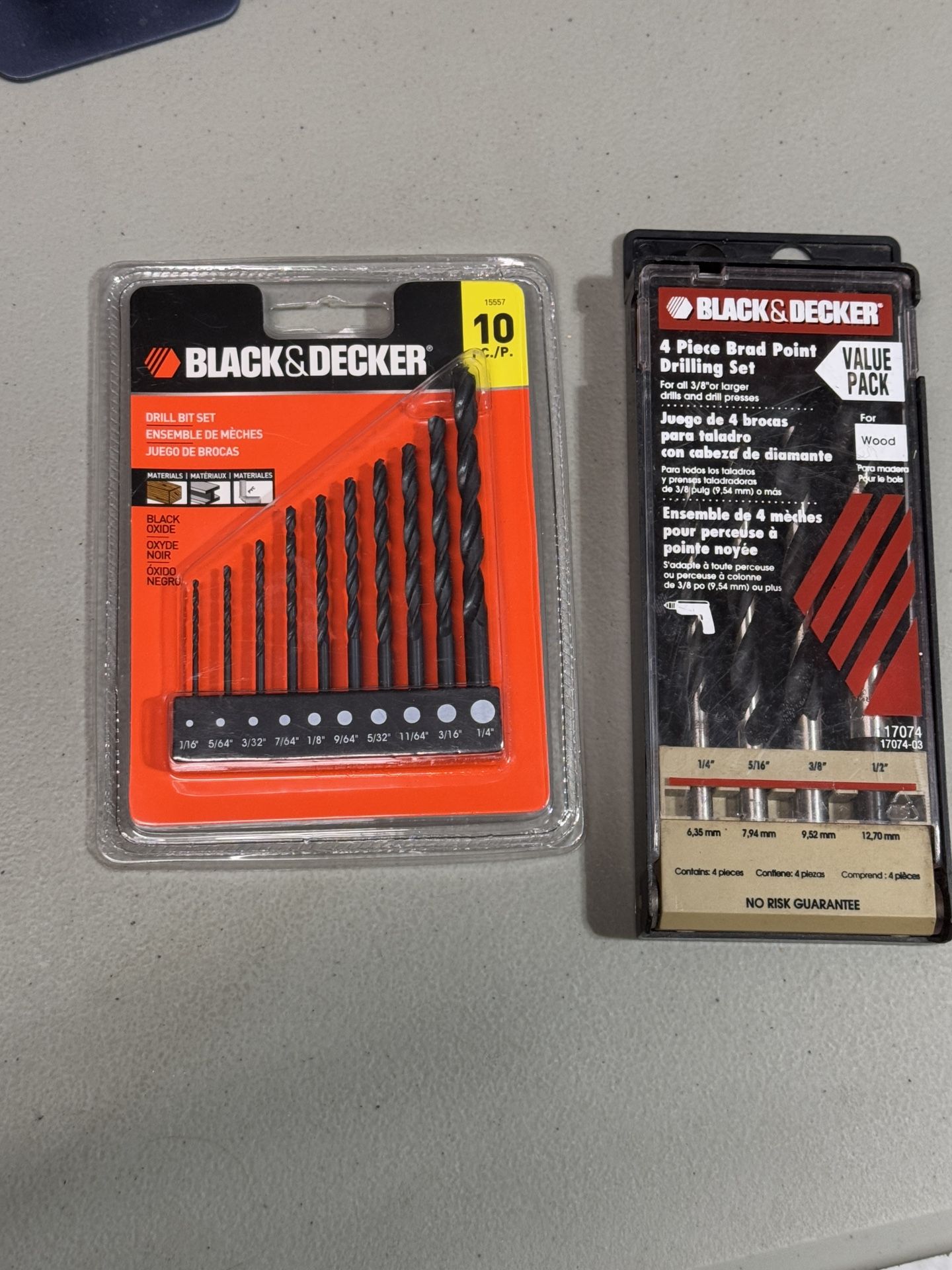 Black & Decker 15557 - 10 Piece Black Oxide Drill Bit Set. 1/16”-1/4” Brand New Plus Black & Decker 17074 Brad Point Drill Bit 4 Piece Set. 1/4”-1/2